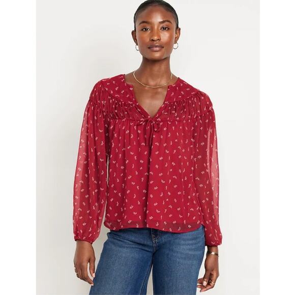 Old Navy Tie Front Red Floral Chiffon Long Sleeve Boho Blouse Sz L - Picture 1 of 9